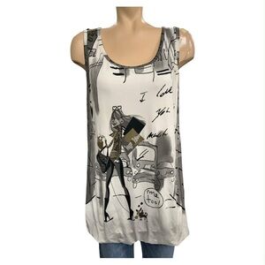 Simon Chang White and Black Graphic Scoop Tank Size M